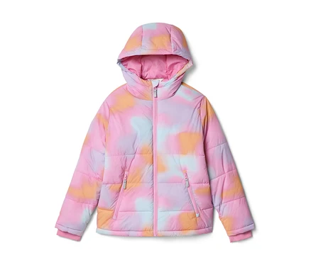 Une doudoune pour enfant avec capuche, présentant un motif tie-dye coloré dans des tons de rose, bleu clair, orange et violet, avec une fermeture éclair rose.