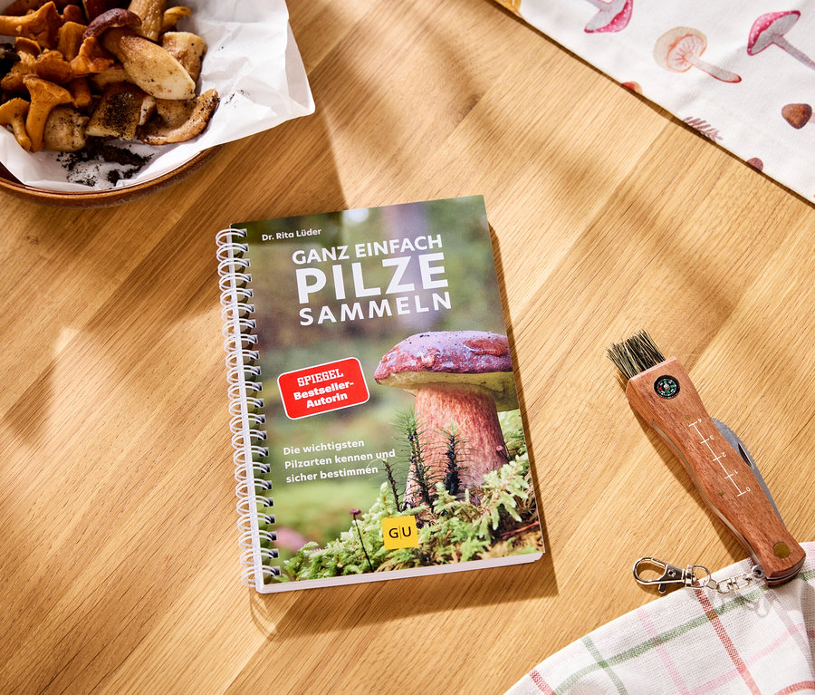Un livre à spirale "Ganz einfach Pilze sammeln" est posé sur une table en bois, à côté d'un couteau à champignons avec brosse et boussole. En haut à gauche, un bol en bois rempli de champignons cueillis, en haut à droite, un tissu à motifs de champignons.