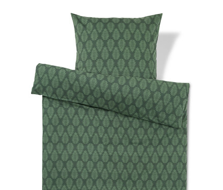 Parure de lit vert foncé avec un motif de feuilles de fougère vert clair, comprenant une housse de couette et une taie d'oreiller.