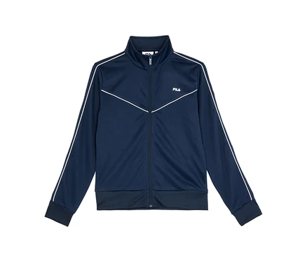 Veste de survêtement bleu marine avec col montant, fermeture éclair intégrale, rayures blanches sur les manches, un motif chevron blanc sur la poitrine et un logo Fila sur la poitrine gauche.