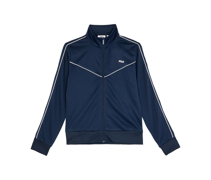 Veste de survêtement bleu marine avec col montant, fermeture éclair intégrale, rayures blanches sur les manches, un motif chevron blanc sur la poitrine et un logo Fila sur la poitrine gauche.