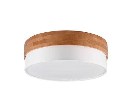 Plafonnier rond Trio « Seasons » avec un bord supérieur en bois et un diffuseur blanc.