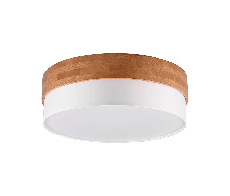 Plafonnier rond Trio « Seasons » avec un bord supérieur en bois et un diffuseur blanc.