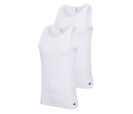 Deux débardeurs adidas Active Flex blancs, l'un légèrement devant l'autre. Les deux ont un col rond, de larges bretelles et un petit logo adidas noir près de l'ourlet inférieur.