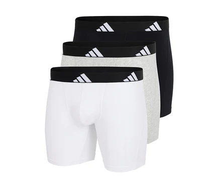 Trois boxers adidas Active Flex en coton, blanc, gris et noir, avec une ceinture noire et le logo adidas blanc.