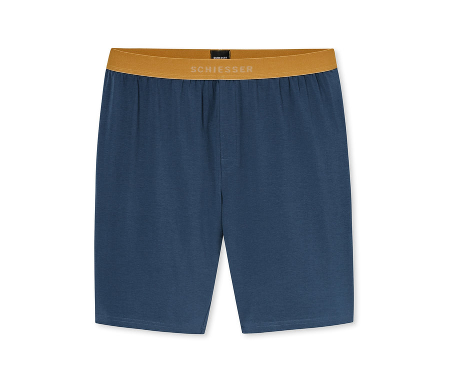 Short bleu avec une ceinture élastique marron sur laquelle est écrit « SCHIESSER » en lettres blanches.