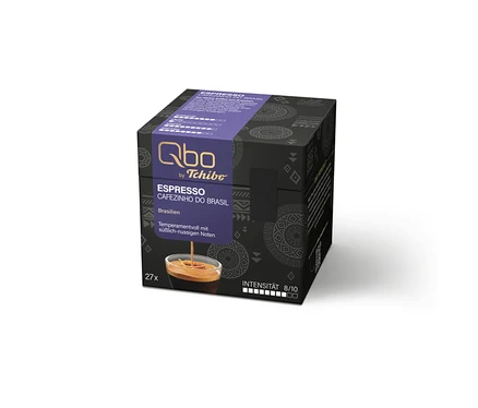 Boîte noire de capsules Qbo Espresso CAFEZINHO DO BRASIL, 27 capsules, intensité 8/10, aux notes douces et noisettées.