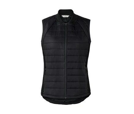 Veste sans manches noire matelassée avec fermeture éclair intégrale et col montant.