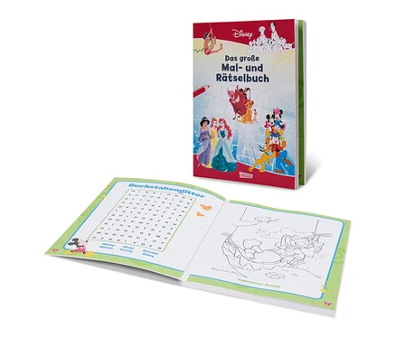 Deux cahiers ouverts Carlsen Disney Das große Mal- und Rätselbuch, un fermé et un avec un jeu et une page à colorier.