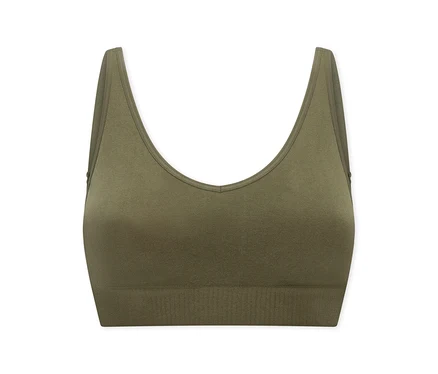 Soutien-gorge doux SCHIESSER vert olive avec coussinets, décolleté en V, larges bretelles et bande inférieure côtelée.