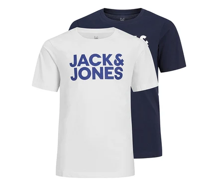 Deux t-shirts avec le logo Jack&Jones Corp, un blanc avec un logo bleu et un bleu marine, superposés.