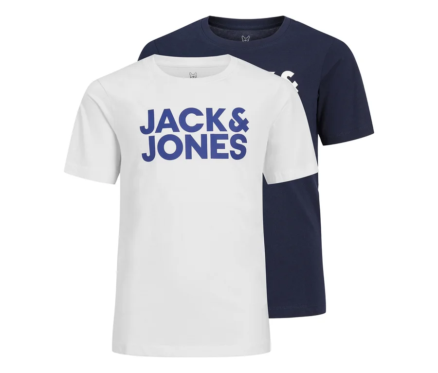 Deux t-shirts avec le logo Jack&Jones Corp, un blanc avec un logo bleu et un bleu marine, superposés.