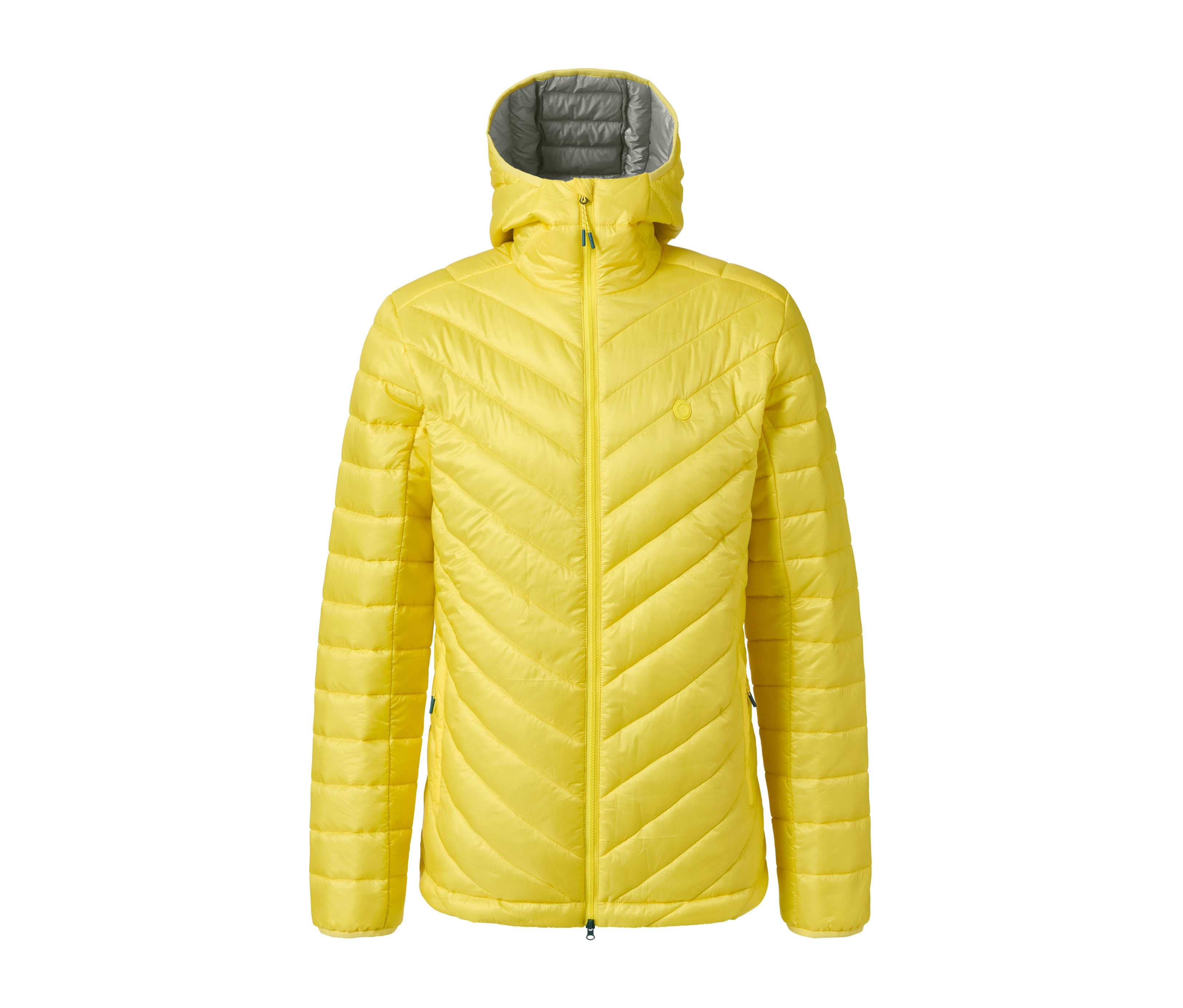 Veste matelassée jaune avec capuche.
