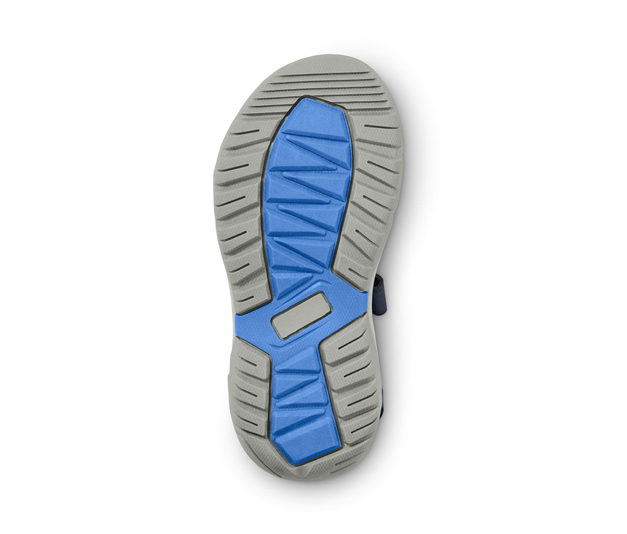 Semelle de sandale de trekking avec des éléments bleus et gris.