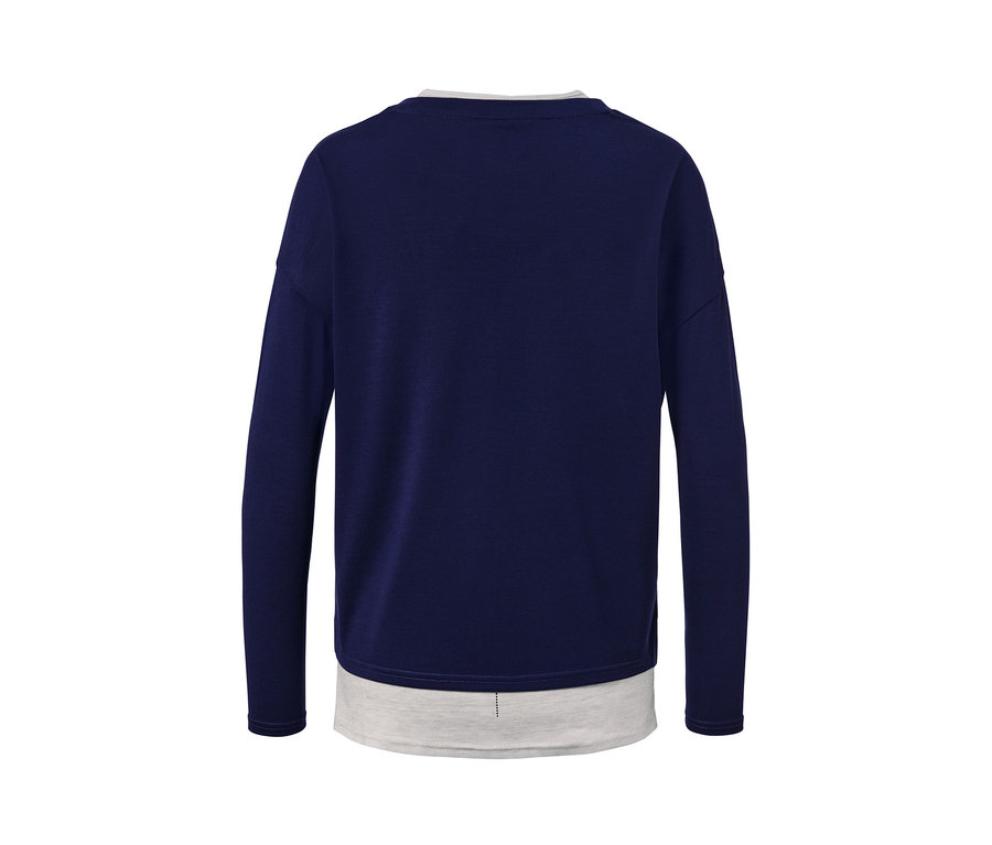 T-shirt de sport 2 en 1 bleu marine à manches longues avec sous-couche grise.