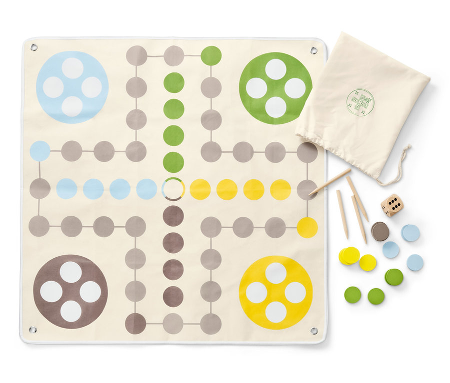 Plateau de jeu du Ludo XL avec pions colorés, dé et sac en tissu.