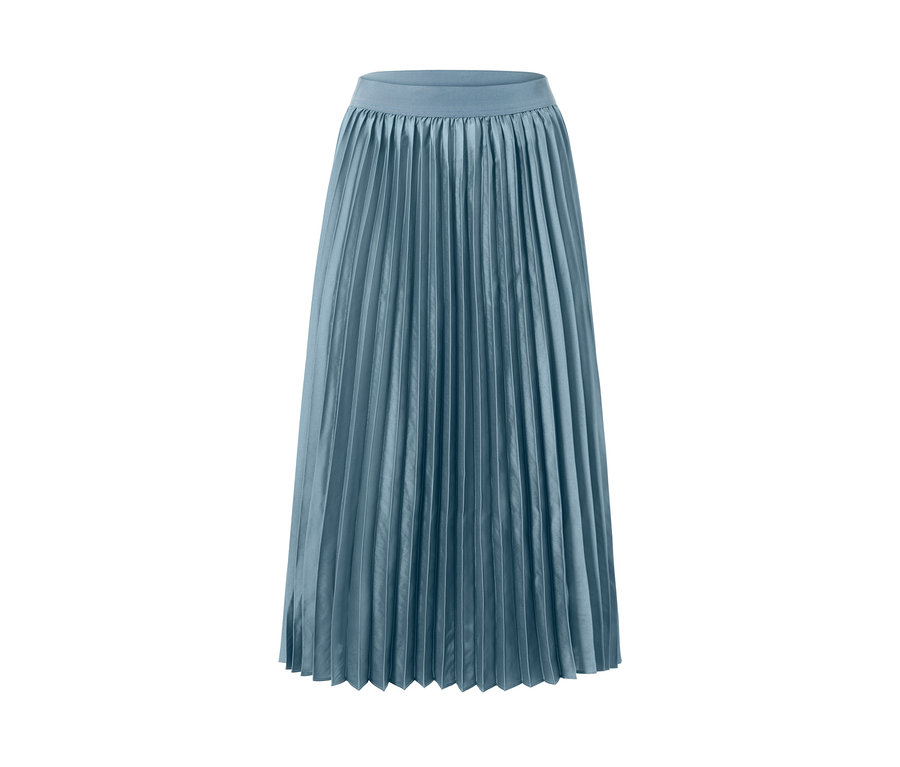 Une jupe plissée bleue sur un fond blanc.