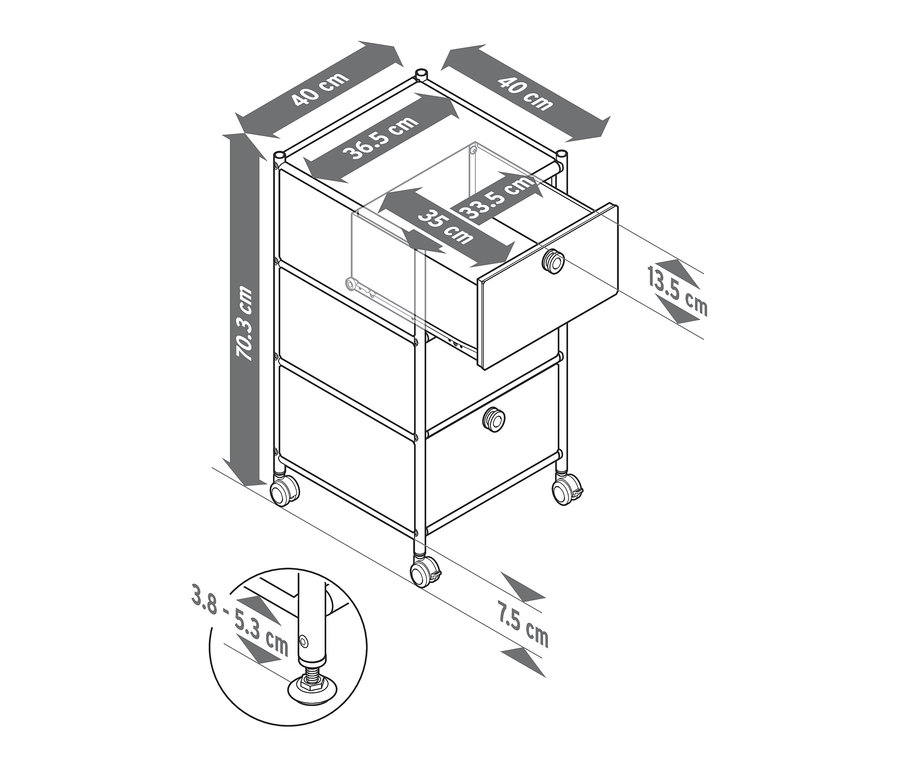 Schéma d'un caisson à roulettes « CN3 » avec 3 tiroirs. Les dimensions sont indiquées en centimètres.