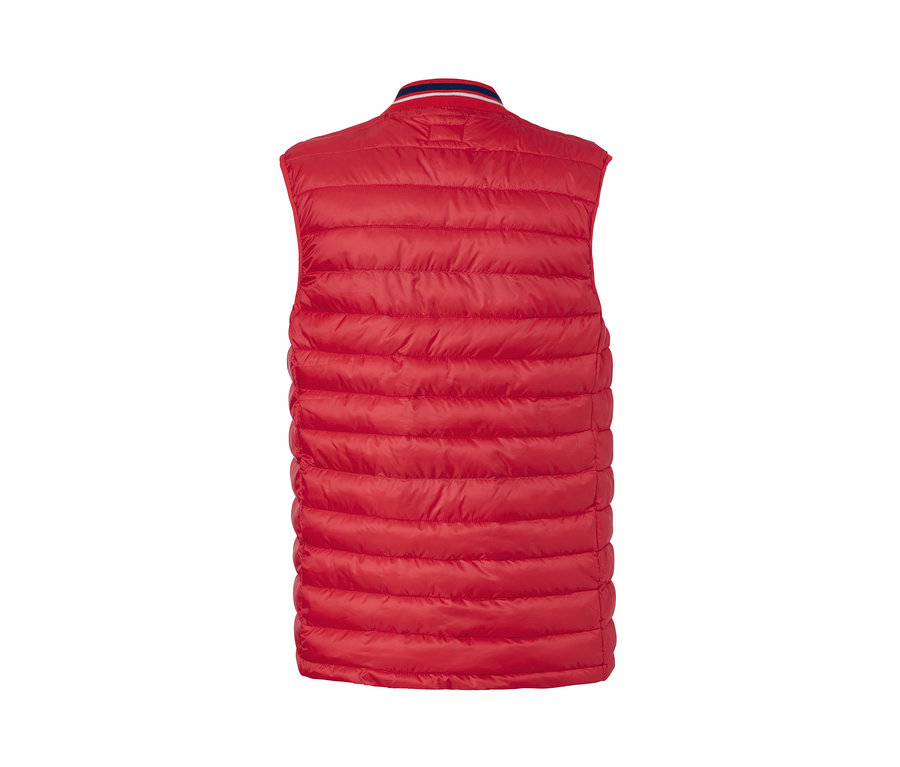Vue détaillée de l'arrière d'un gilet surpiqué rouge.