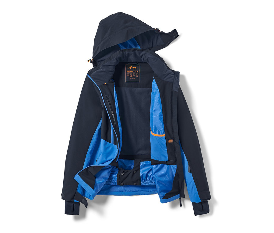 Une veste de ski bleue ouverte avec une capuche.