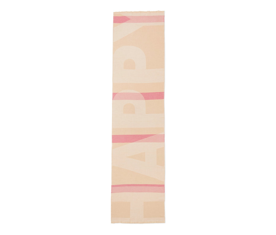 Écharpe à franges beige avec le mot HAPPY.