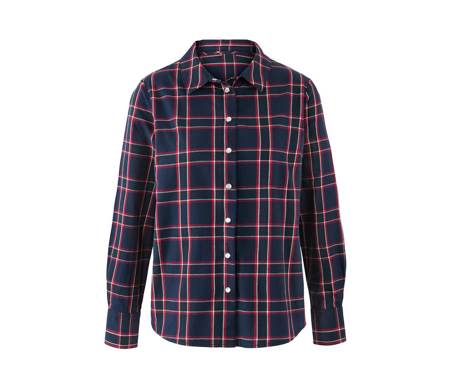 Chemisier à carreaux en flanelle de coton à manches longues avec boutons blancs.