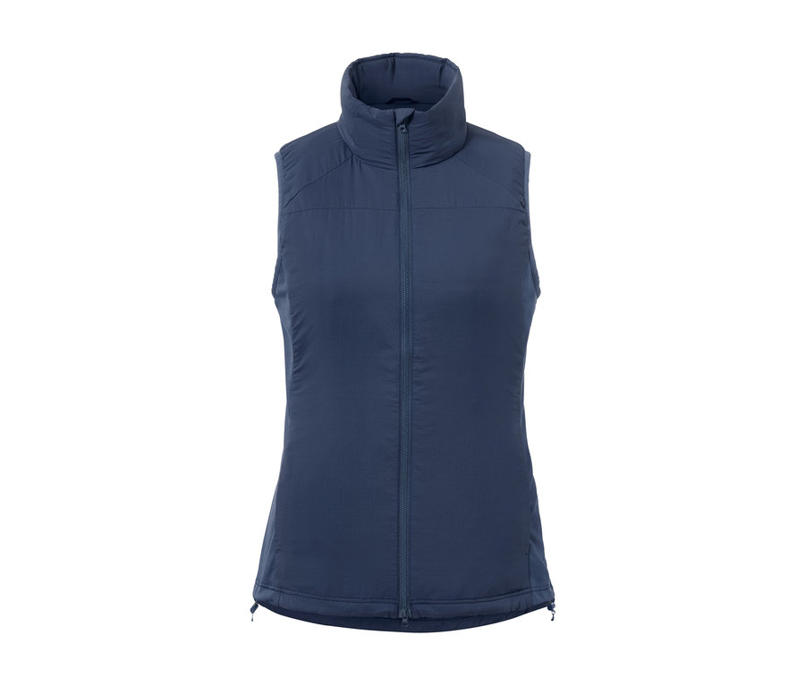 Une veste sans manches hybride bleue « pack light » avec une fermeture éclair au milieu.