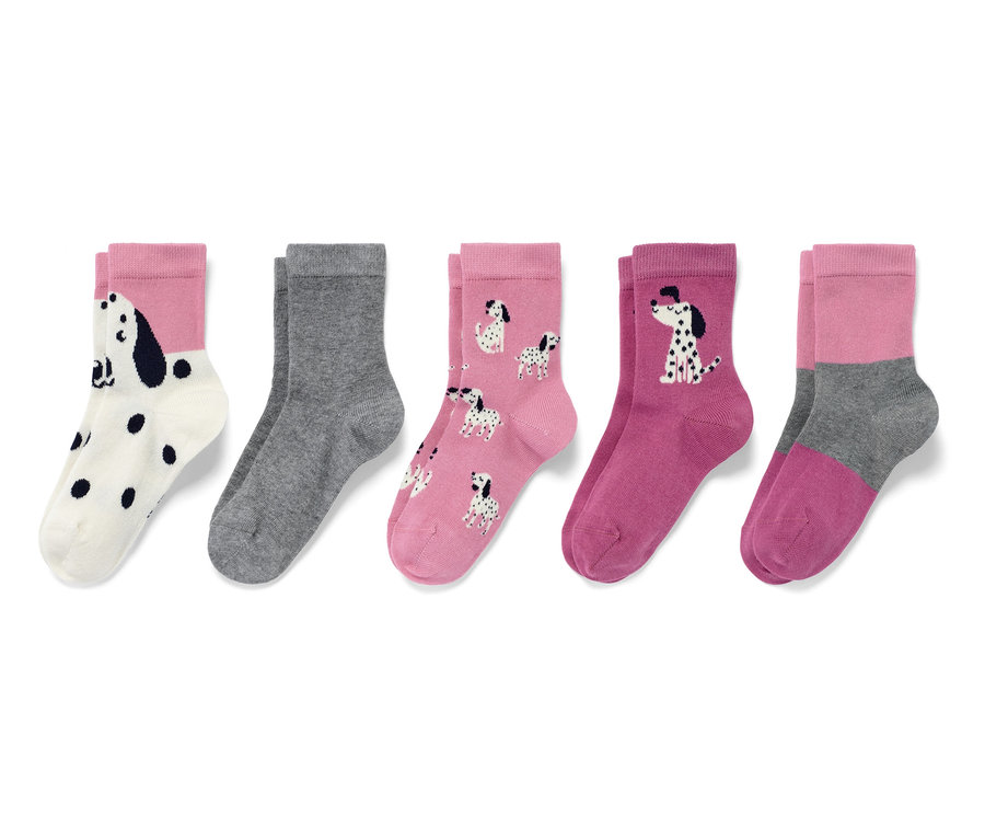 Cinq paires de chaussettes pour enfant, gris et rose avec différents motifs.