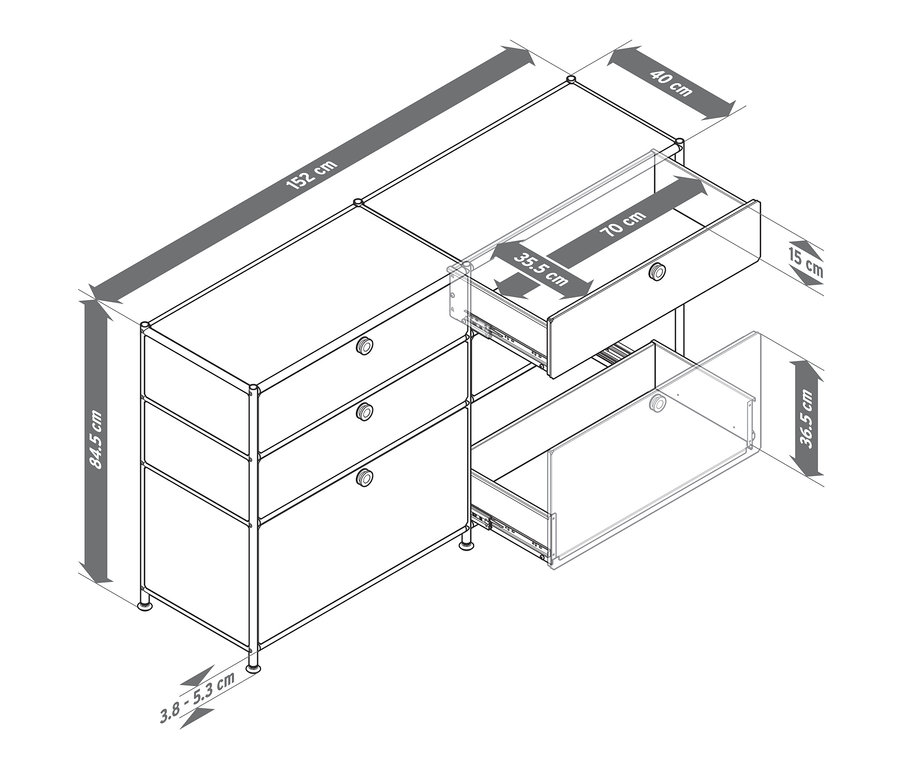 Schéma d'une commode en métal « CN3 » avec 6 tiroirs dont deux sont ouverts.