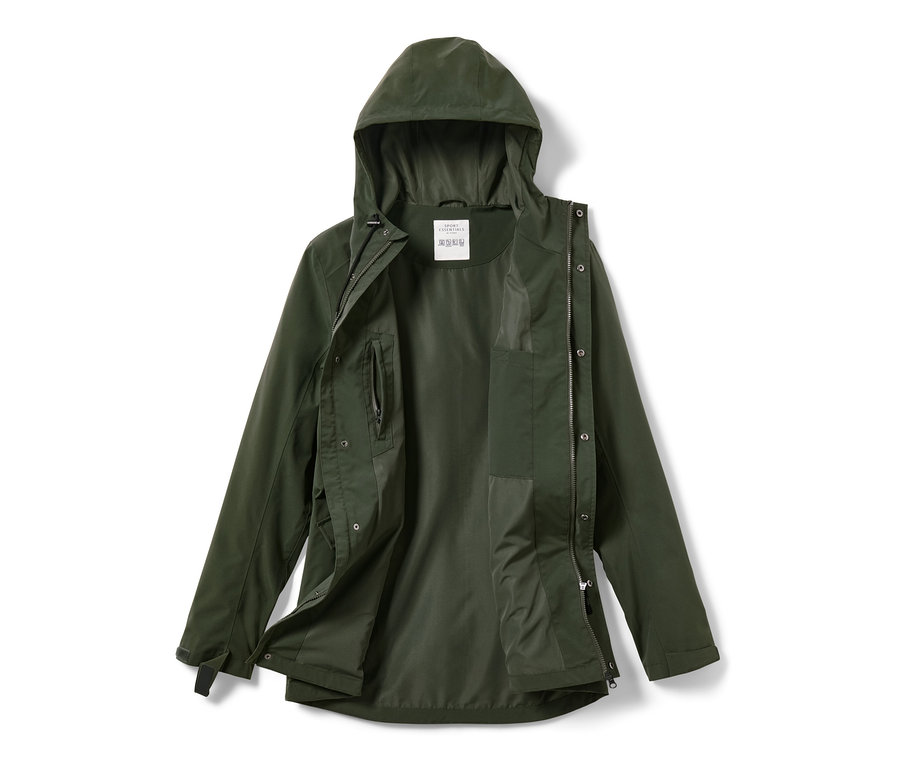 Parka fonctionnelle verte avec capuche et fermeture éclair ouverte.