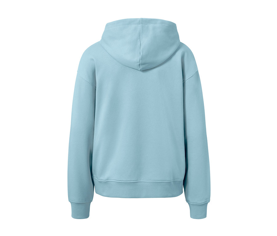 Vue arrière d'un sweat-shirt à capuche bleu clair.
