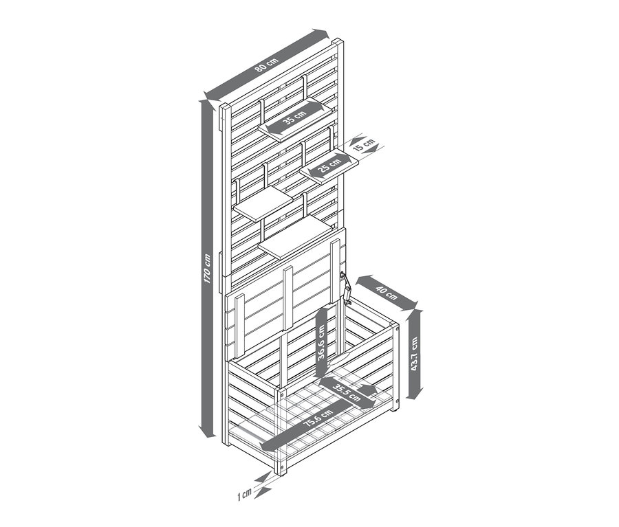 Schéma d'un banc de balcon avec protection visuelle et espace de rangement, avec diverses indications de dimensions.
