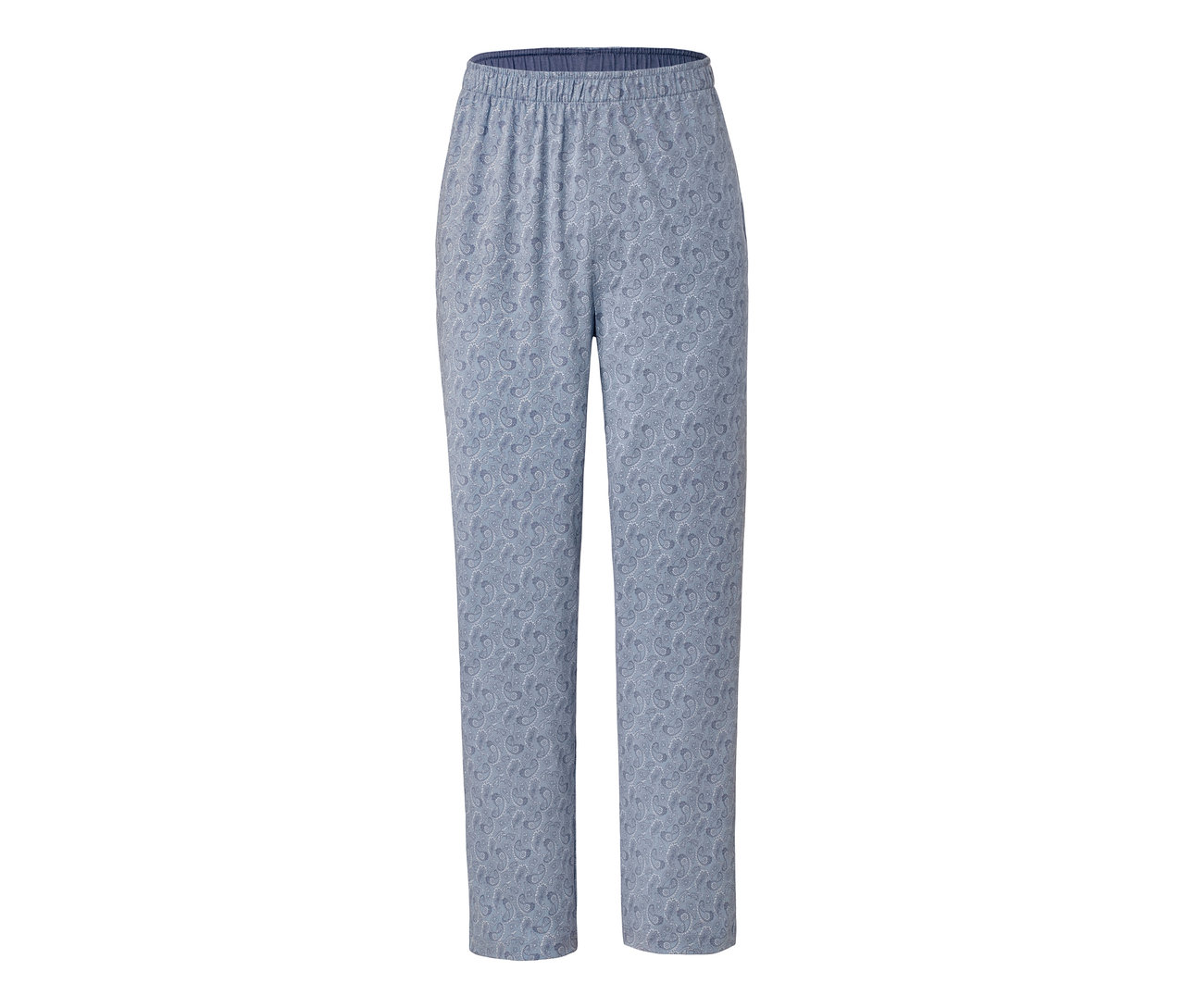 Un pantalon de pyjama bleu avec un motif cachemire.