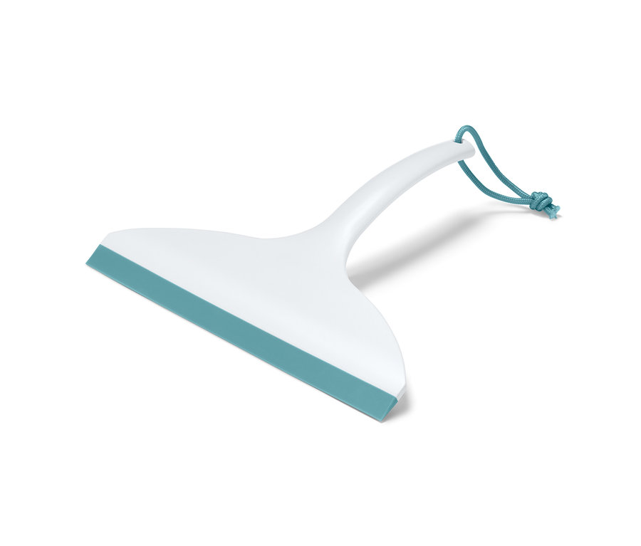 Raclette de salle de bain blanche avec joint en caoutchouc bleu et cordon bleu.