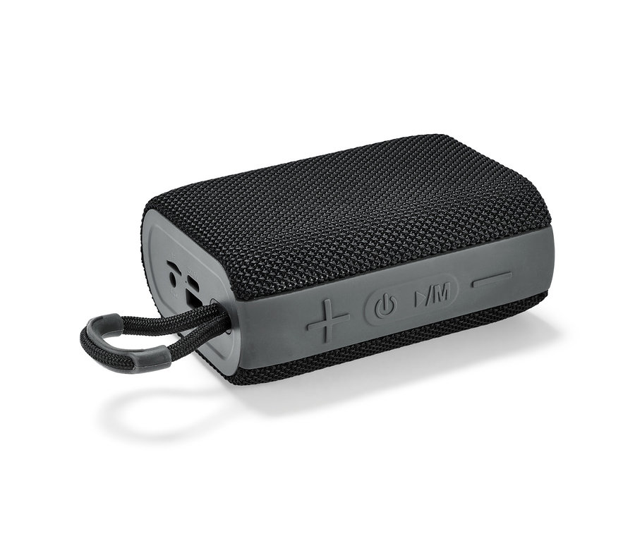 Un haut-parleur Bluetooth® noir avec cordon.