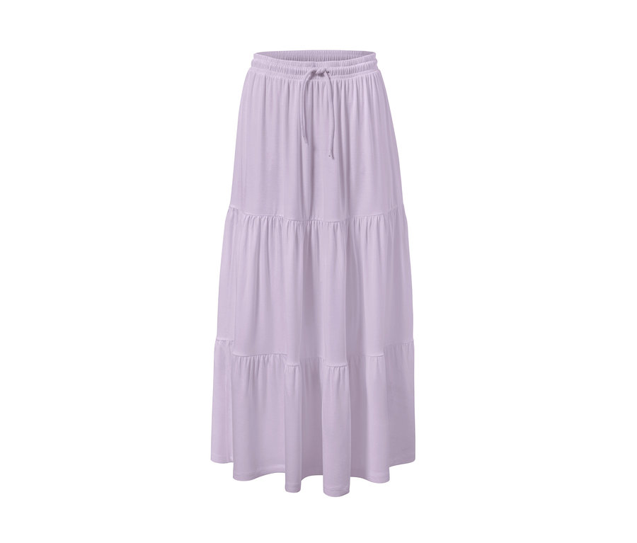 Une jupe maxi violette avec une taille élastique et un cordon de serrage.