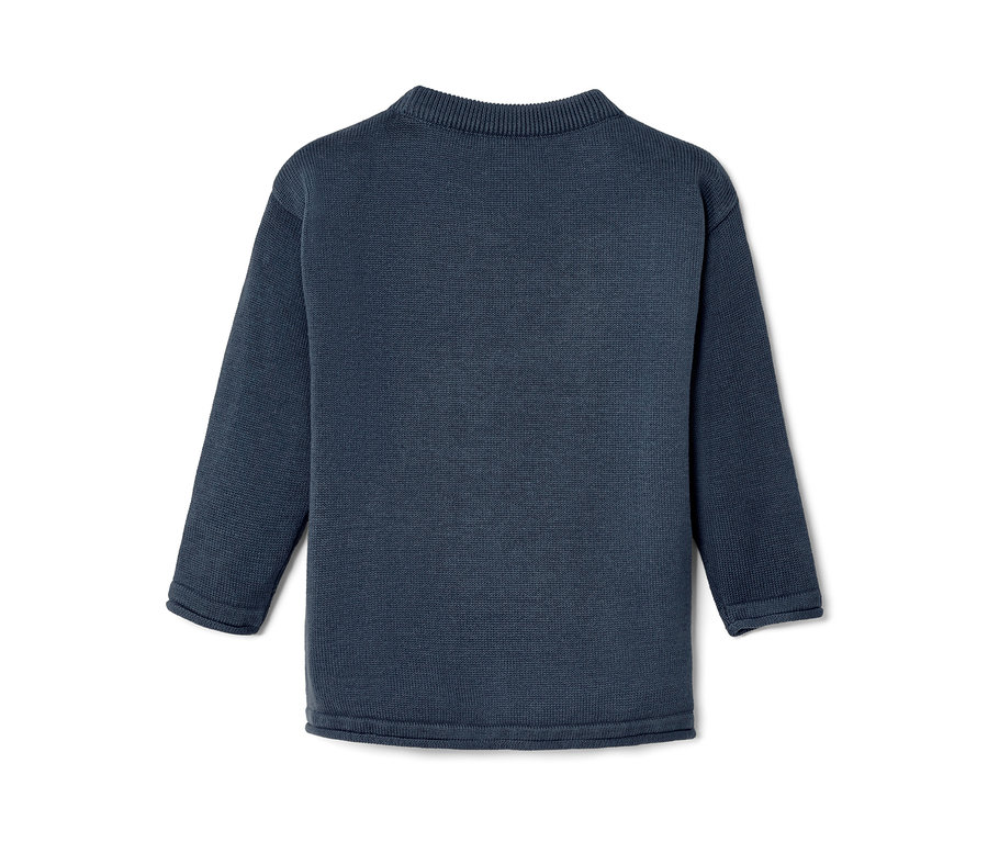 Vue détaillée d'un pull en maille pour enfant bleu foncé à manches longues.