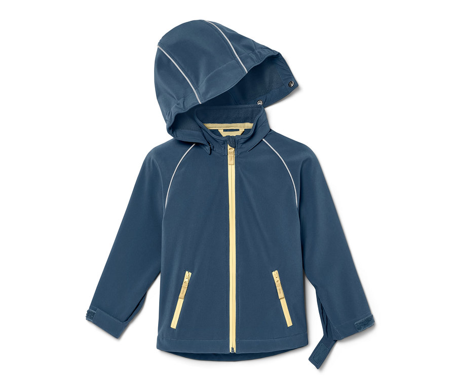 Une veste softshell bleu marine pour tout-petit avec une capuche et une fermeture éclair jaune.
