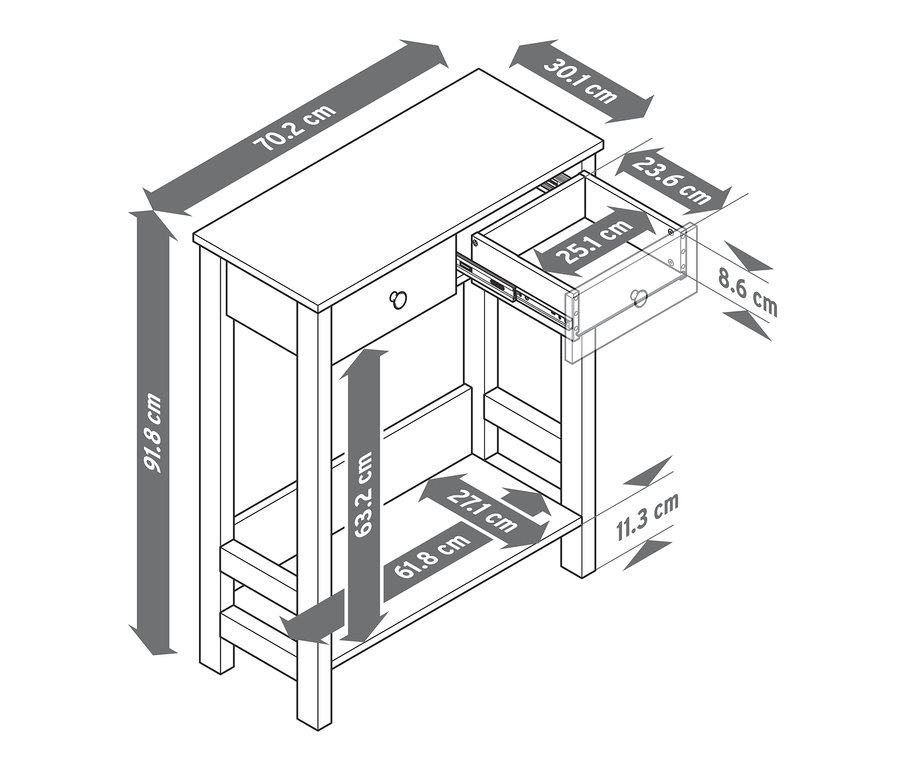 Schéma d'une console avec 2 tiroirs et dimensions indiquées.