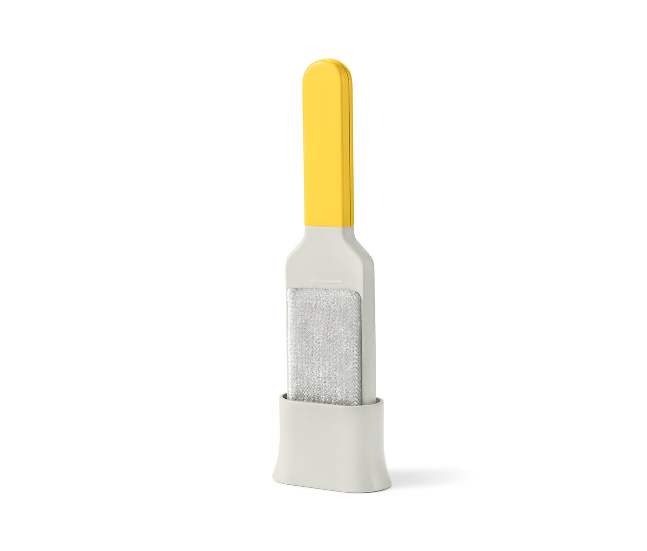 Brosse à vêtements avec manche jaune et surface de nettoyage grise.