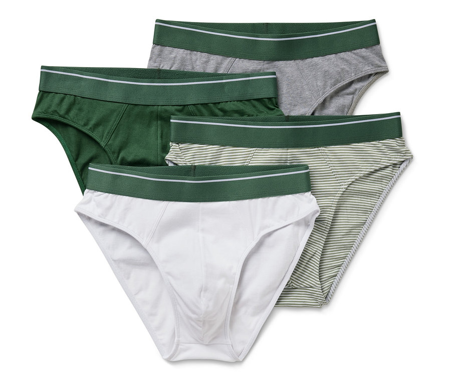 Quatre slips de différentes couleurs (vert, gris, blanc et vert rayé).