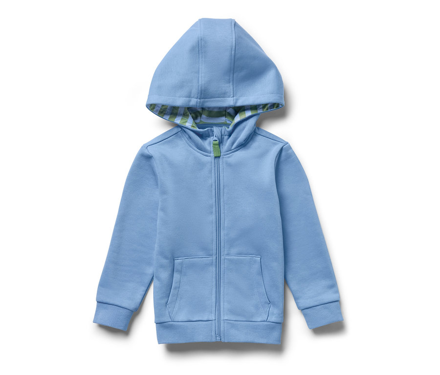 Jaquette en sweat bleu clair pour enfant avec intérieur gratté, fermeture éclair et capuche.