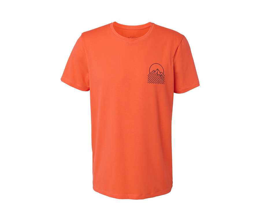 T-shirt orange avec imprimé montagne et soleil.
