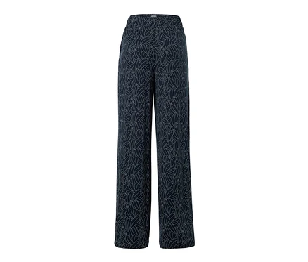 Pantalon palazzo imprimé bleu foncé et blanc crème.