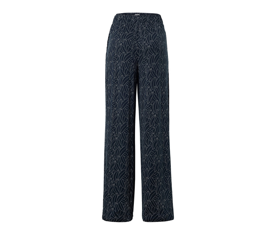 Pantalon palazzo imprimé bleu foncé et blanc crème.