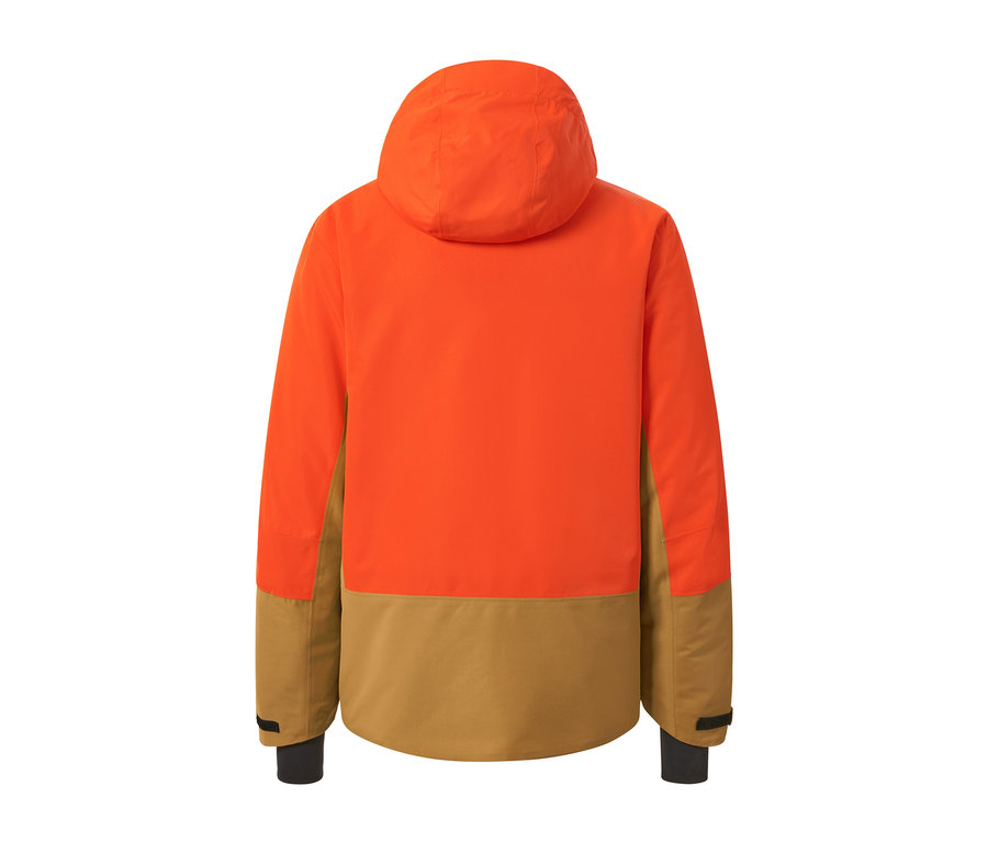 Vue détaillée de l'arrière d'une veste de ski orange et marron.