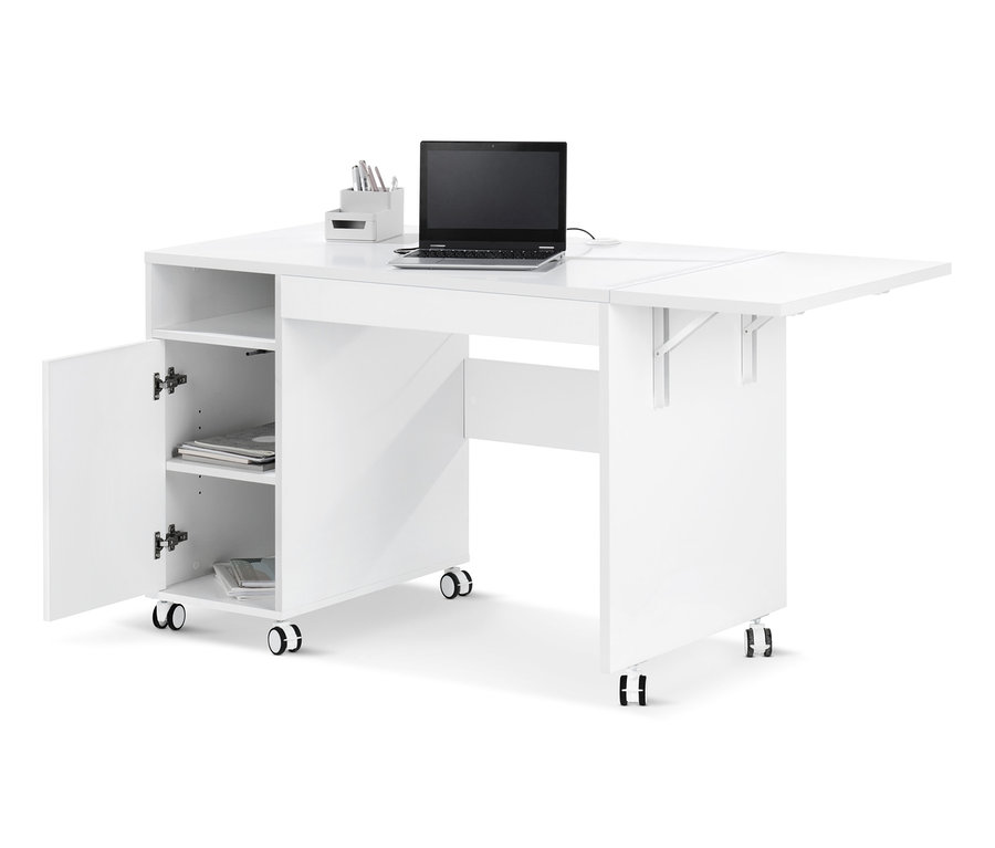 Table multifonction blanche avec un plateau de table extensible, sur laquelle reposent un ordinateur portable et un organiseur de bureau.