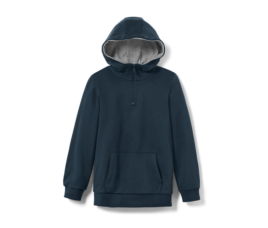 Veste à capuche en sweat bleu marine pour enfant avec doublure argentée et courte fermeture éclair.