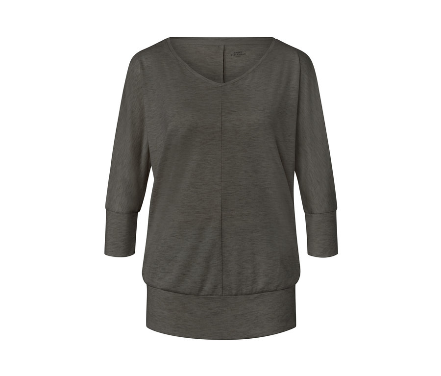 T-shirt de yoga olive à manches trois-quarts.