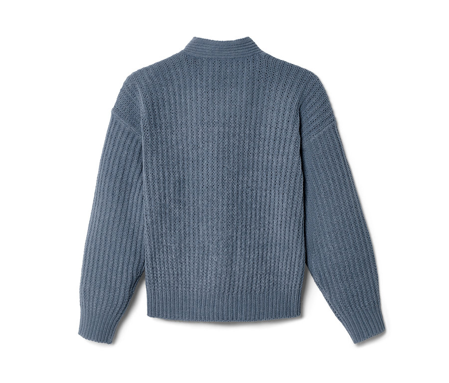 Veste en tricot chenille bleu pour enfant.